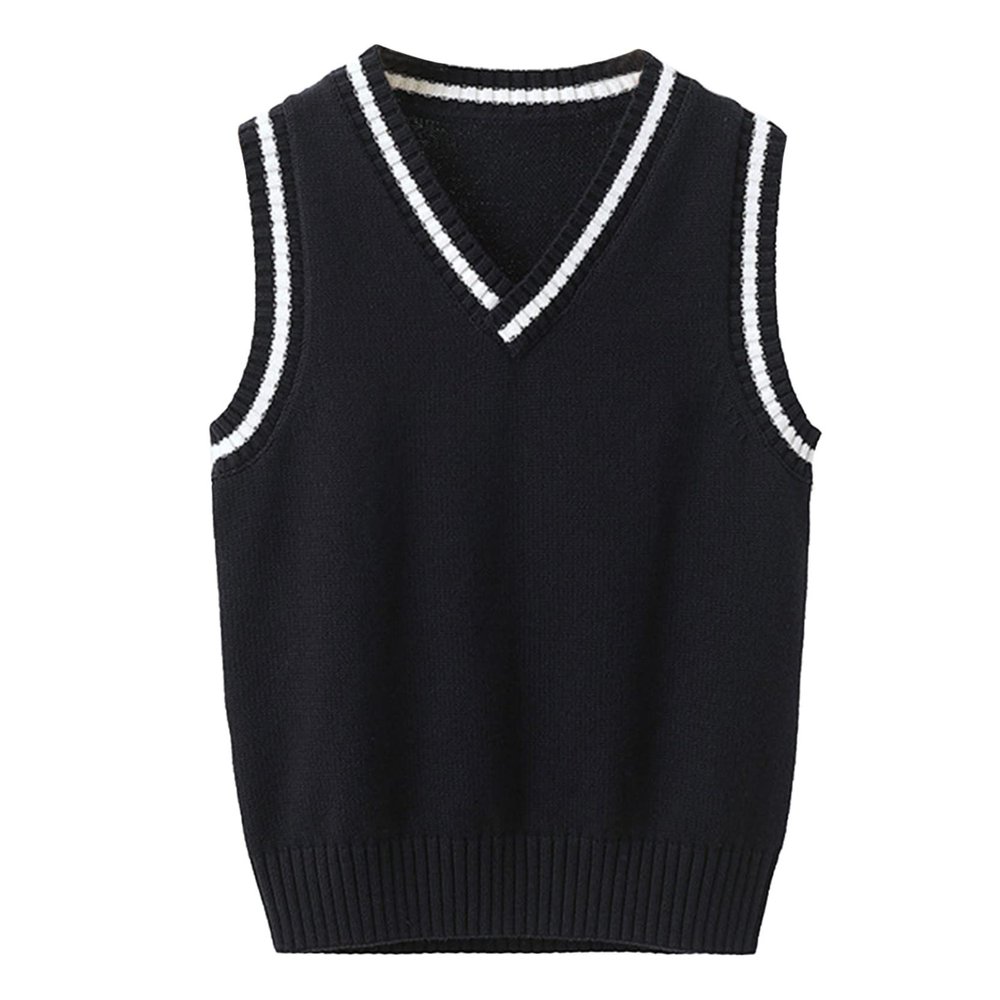 Loloda Kids Boys Girls Casual V Neck School Uniform Knit Sweater Vest Striped Sleeveless Cardigan Daily Wear Navy Blue 9-10 Years