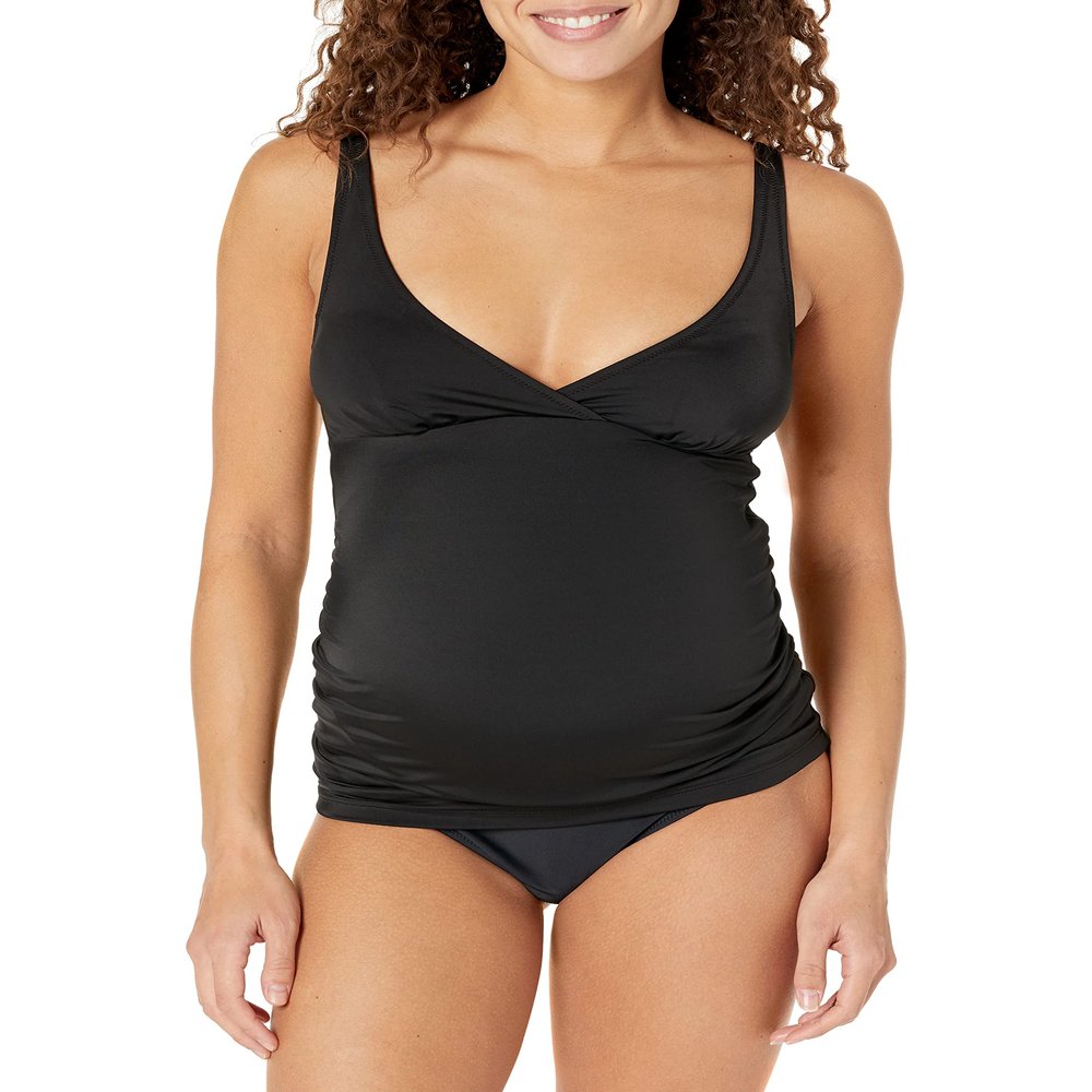 Amazon Essentials Women's Maternity Pregnancy Tankini Swim Top, Washed Black, Large
