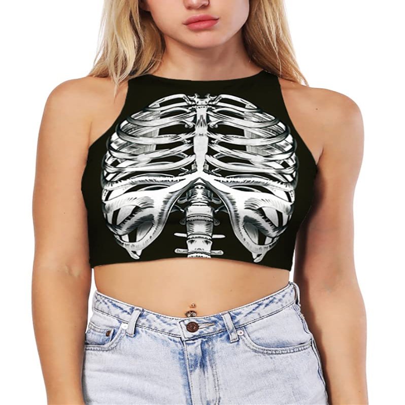 Ainuno Halloween Crop Top Skeleton Crop Tops Womens Teens Girl Emo Top Gothic Clothes Black Goth Cropped Tank Top Y2K Fashion Summer Shirts Cute Cami Vest,Skull Crop Top for Women Graphic Print