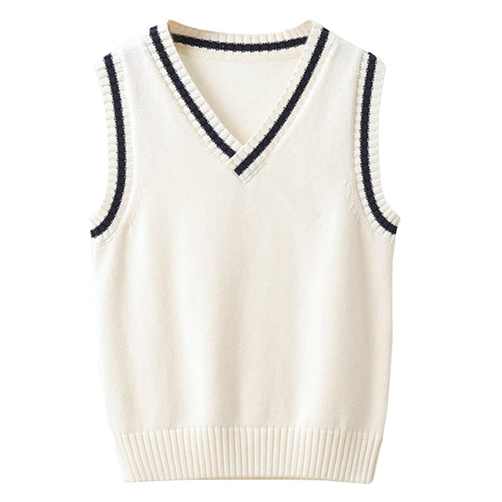 Loloda Kids Boys Girls Casual V Neck School Uniform Knit Sweater Vest Striped Sleeveless Cardigan Daily Wear White 11-12 Years