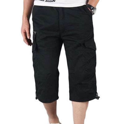 Men Multi Pockets Straight Leg Cargo Shorts Plus Size 3/4 Stretch No Belt Pants Below Knee Hiking Fishing Short (Black,Medium,5,OZ)