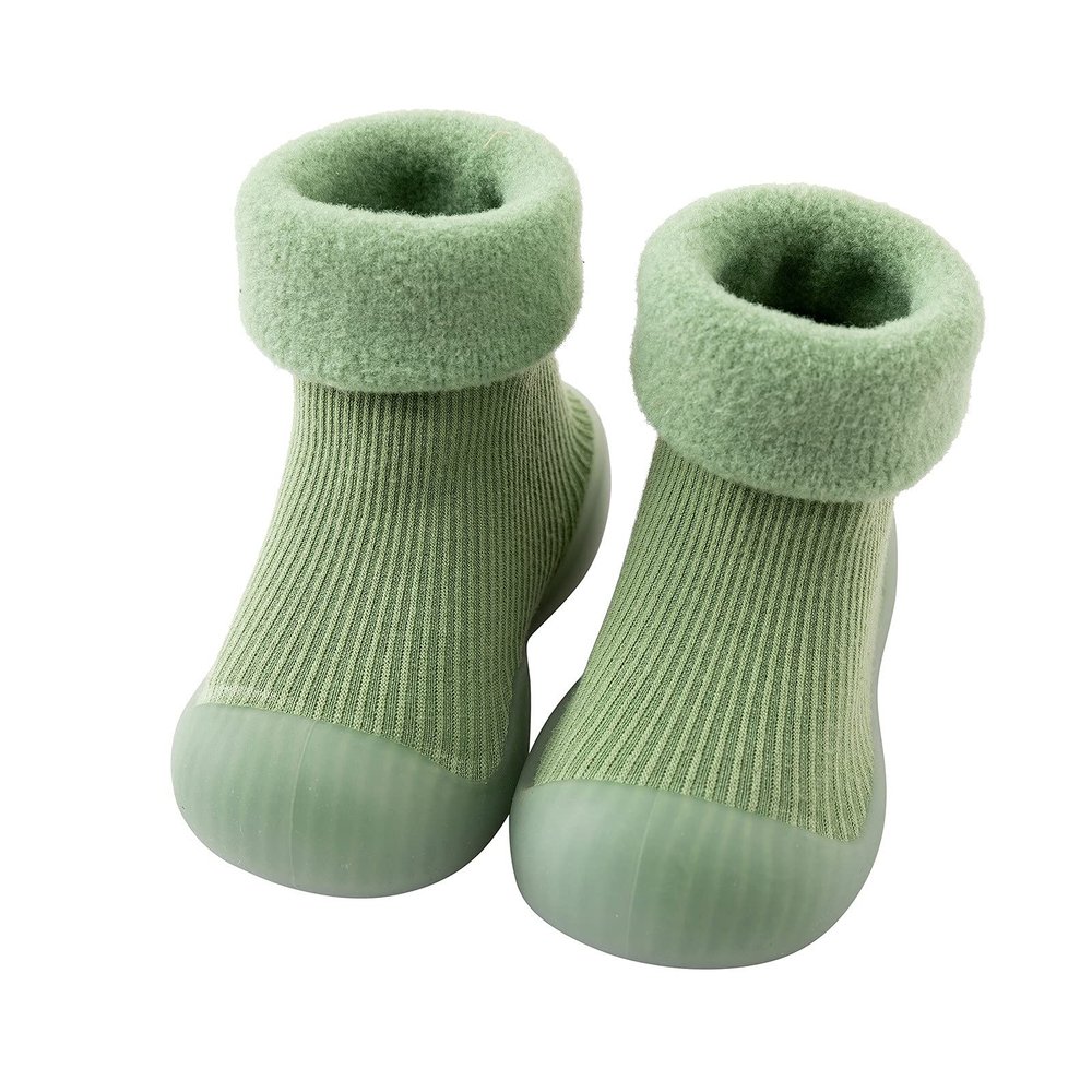 Kids Toddler Baby Boys Girls Solid Warm Knit Soft Sole Rubber Shoe Socks Slipper Stocking Soundproof (Green, 26)