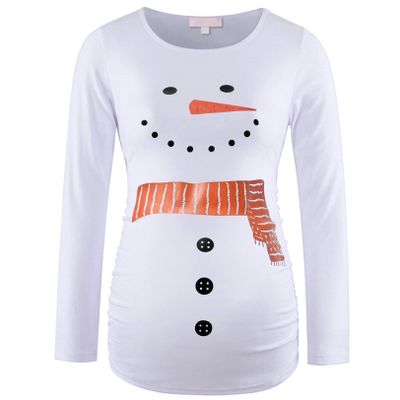 Maternity Shirt Long Sleeve Basic Top Ruch Sides Bodycon Tshirt for Pregnant Women Christmas Snowman XL
