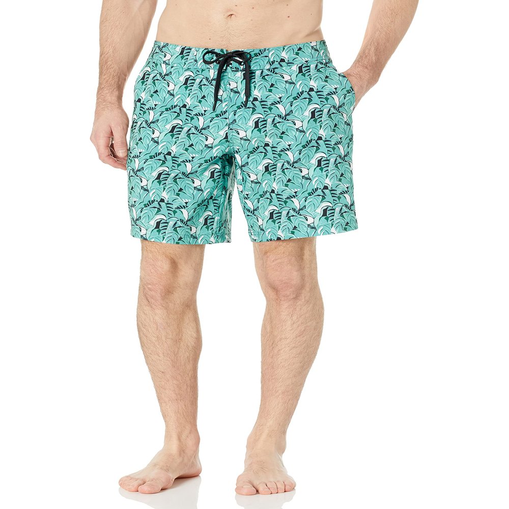 Amazon Essentials Men's 9" Quick-Dry Board Shorts, Turquoise Green Tropical Leaves, XX-Large
