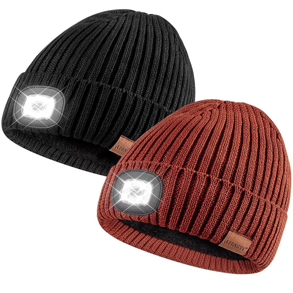 Beanie with Light for Men 2 Pack, Hat with Light Built in Rechargeable Winter Warm Knitted Headlamp Caps, Gift for Men Dads Husband Led Beanie Hats with Light(Black&Dark Orange)