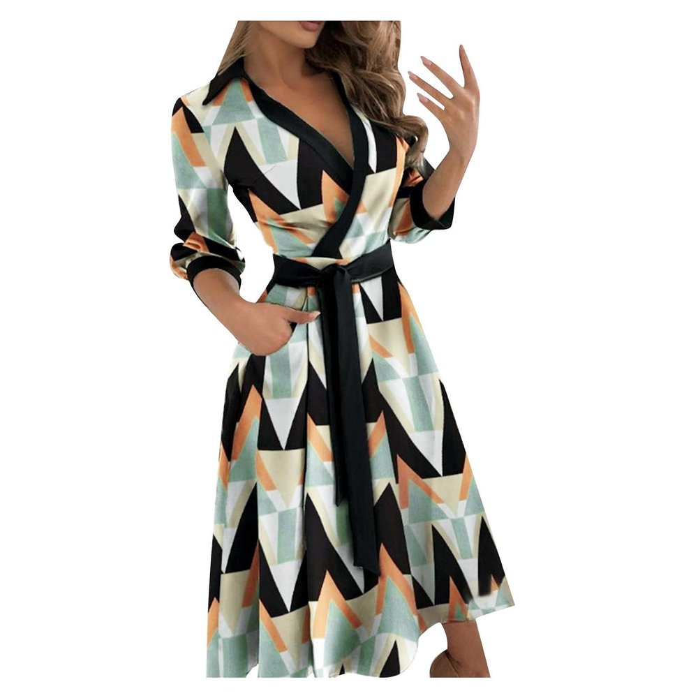 Wrap Dress for Women Fashion Short Sleeve V Neck Midi Dresses Printed A-Line Dress with Belt