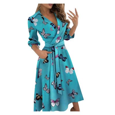 Wrap Dress for Women Fashion Short Sleeve V Neck Midi Dresses Printed A-Line Dress with Belt