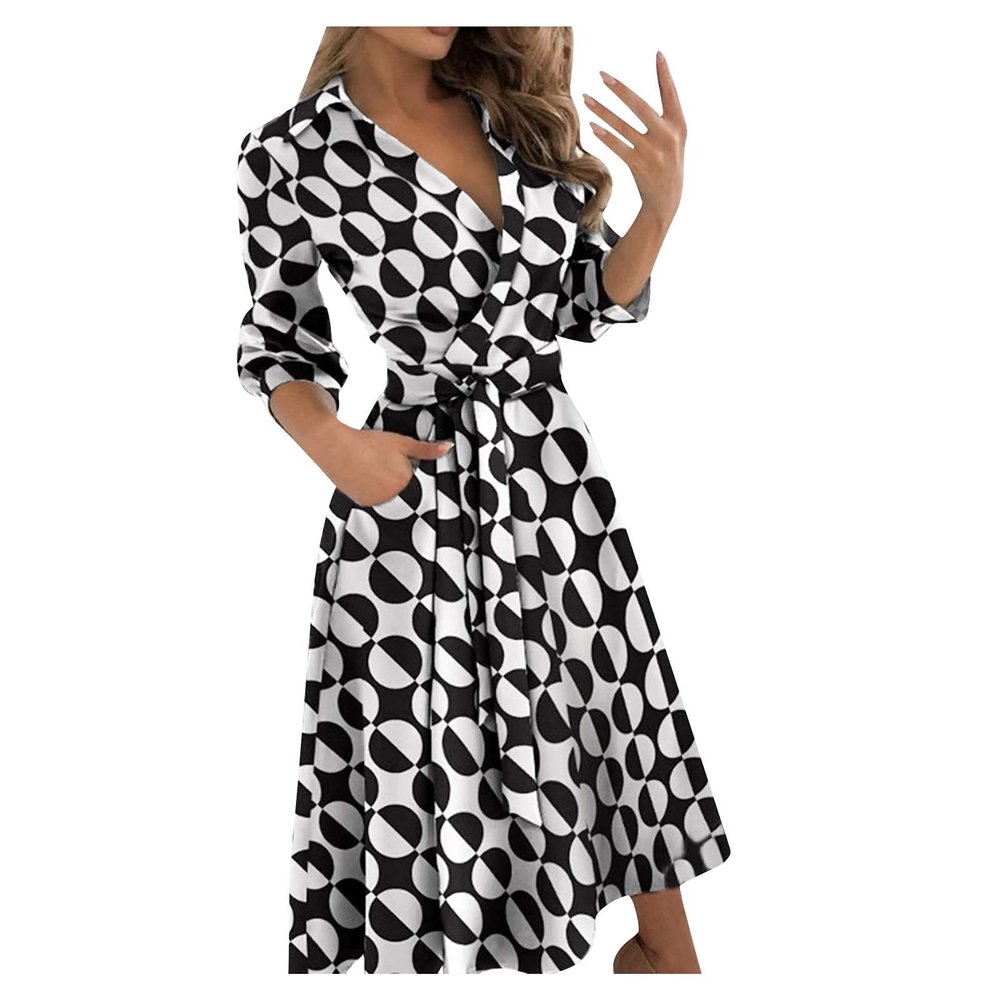 Wrap Dress for Women Fashion Short Sleeve V Neck Midi Dresses Printed A-Line Dress with Belt