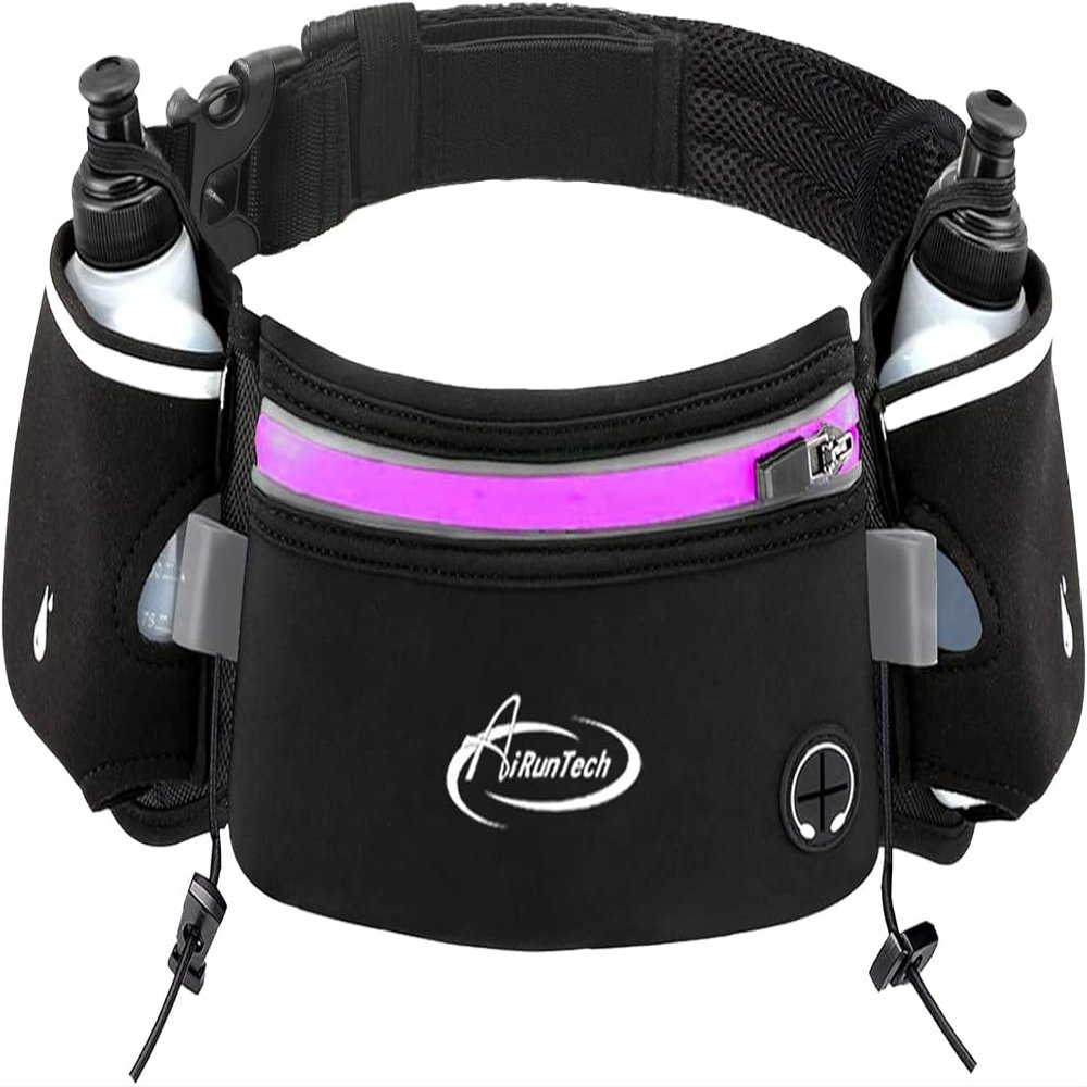 AiRunTech Hydration Running Belt with Bottles Zero Bounce Design for Running, Triathlon, Marathon, 10K, 5K, Trail Fit for Most Smartphones(2 * 10OZ Bottle)