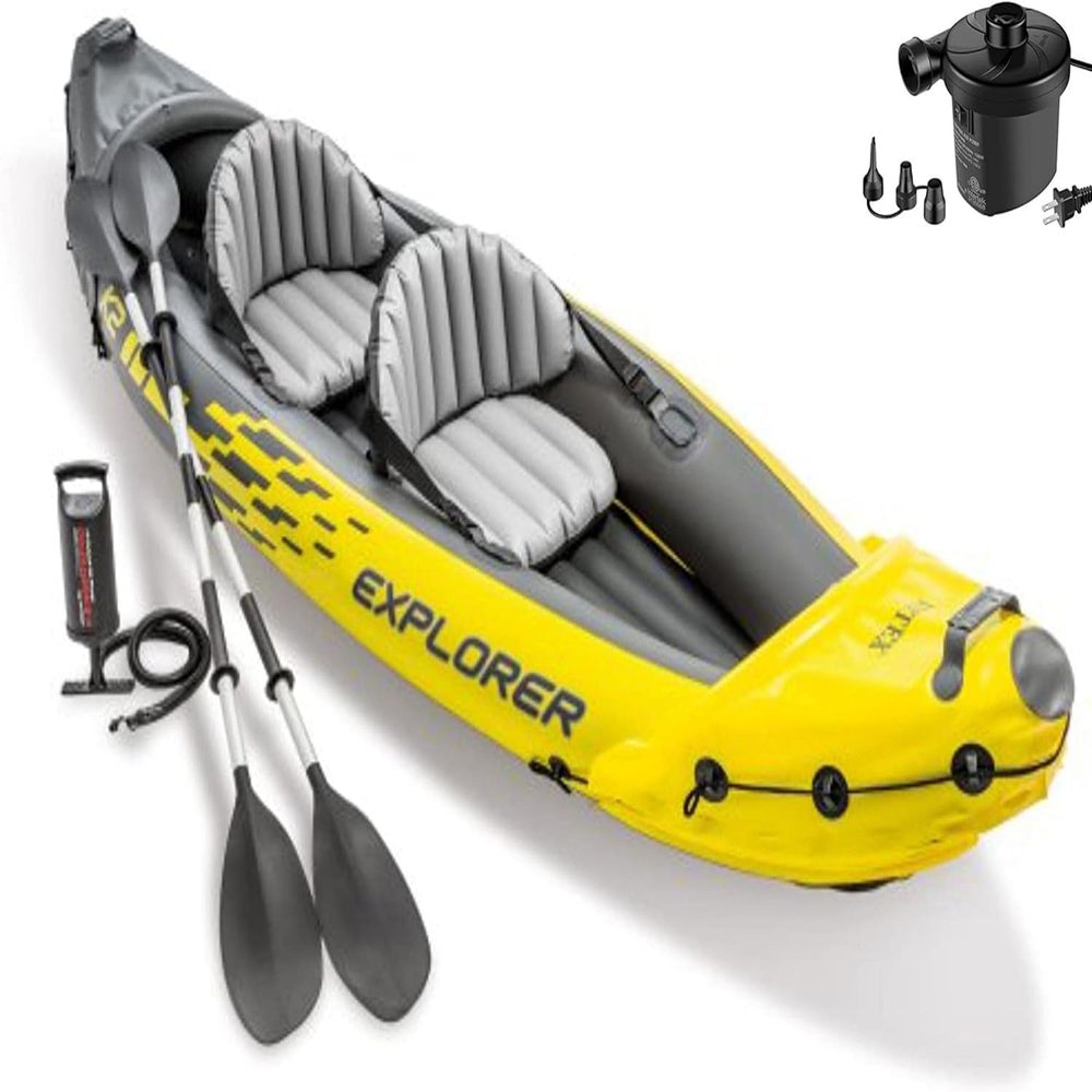 INTEX 68307EP Explorer K2 Inflatable Kayak Set: Includes Deluxe 86in Aluminum Oars and High-Output Pump SuperStrong PVC Adjustable Seats with Backrest 2-Person 400lb Weight Capacity