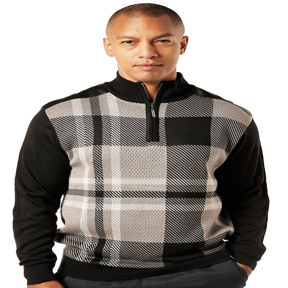 Stacy Adams Men's Faux Leather Trimmed Dressy Sweater (Medium, 4413-BLACK)