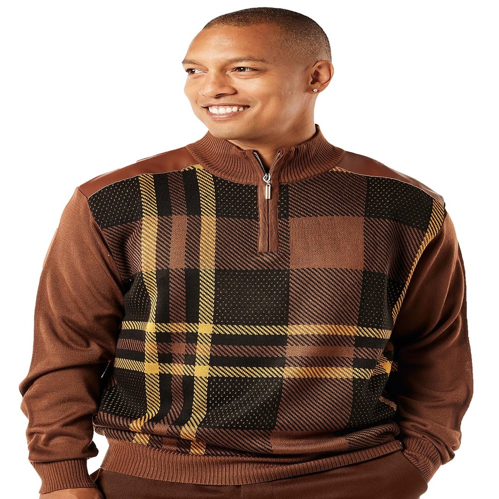 Stacy Adams Men's Faux Leather Trimmed Dressy Sweater (Medium, 4413-BROWN)