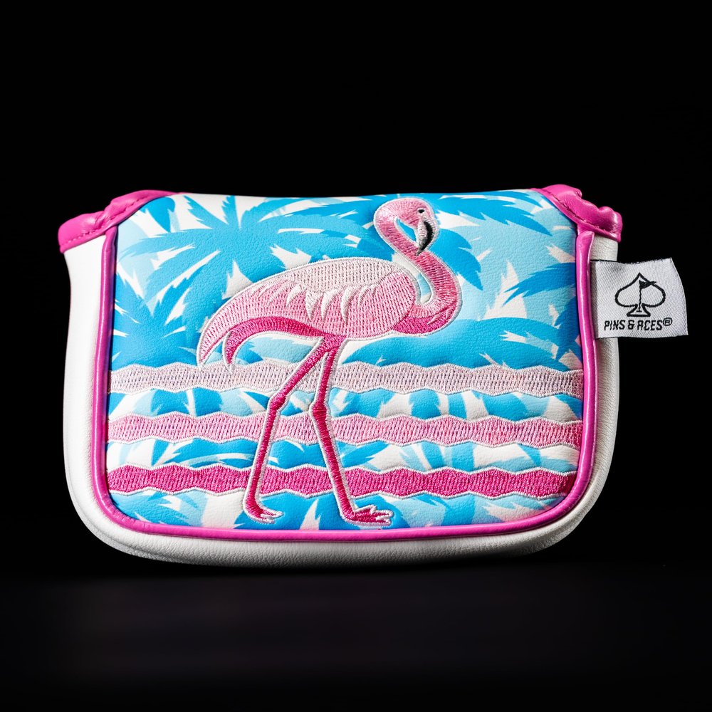 Pins & Aces LE Tropical Lawn Flamingo Head Cover - Premium, Hand-Made Leather Woods Headcover - Funny, Tour Quality Golf Club Cover - Style and Customize Your Golf Bag (Mallet)