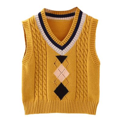 Aislor Kids Boys Girls V-Neck Knitted Vest Sweater Vest Sleeveless Jumpers School Knitwear Tank Top Cardigan Waistcoat Yellow 3-4 Years