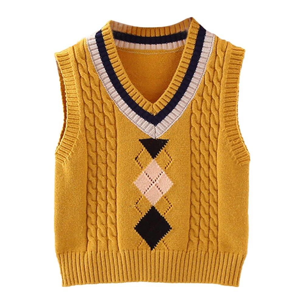 Aislor Kids Boys Girls V-Neck Knitted Vest Sweater Vest Sleeveless Jumpers School Knitwear Tank Top Cardigan Waistcoat Yellow 3-4 Years
