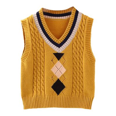 easyforever Boys Girls Sweater Vest Kids Cable Knit Uniform Pullover Plaid V Neck Vest Top School Cardigan Waistcoat Yellow 3-4 Years