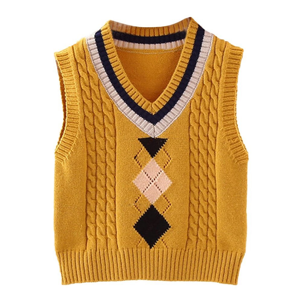 easyforever Boys Girls Sweater Vest Kids Cable Knit Uniform Pullover Plaid V Neck Vest Top School Cardigan Waistcoat Yellow 3-4 Years