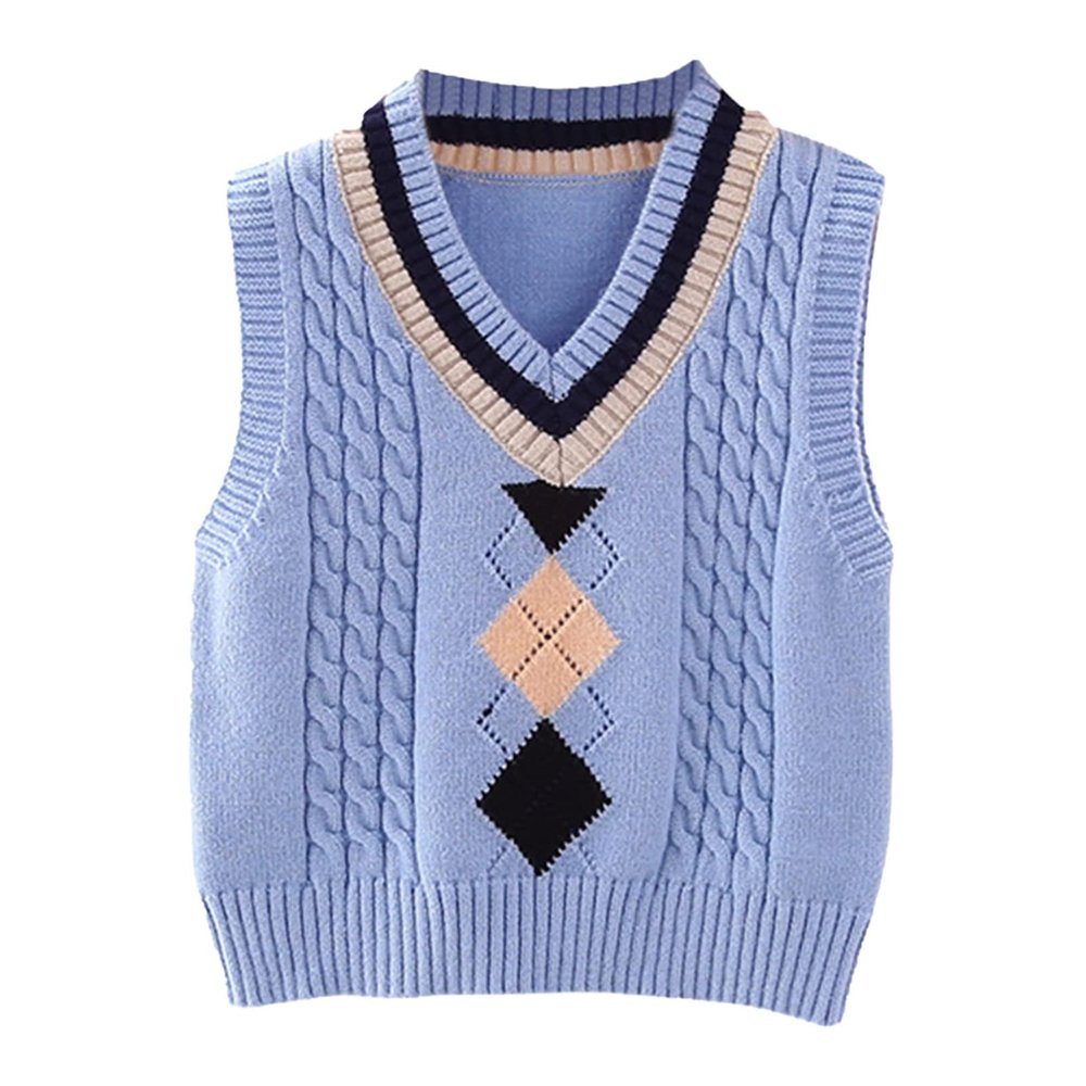 Aislor Kids Boys Girls V-Neck Knitted Vest Sweater Vest Sleeveless Jumpers School Knitwear Tank Top Cardigan Waistcoat Blue 3-4 Years