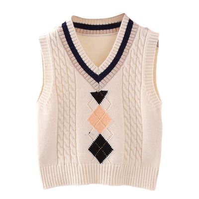 Aislor Kids Boys Girls V-Neck Knitted Vest Sweater Vest Sleeveless Jumpers School Knitwear Tank Top Cardigan Waistcoat White 3-4 Years