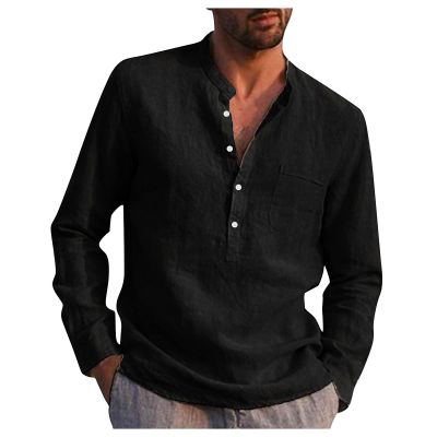 Ymosrh Men Button Down Shirt, Denim Shirts for Long Sleeve DXL Mens Clothes Summer Shirt Fashion Designer Spring Men's Casual Cotton Linen Solid Color Shirts Loose Stand Collar Shirts (XXL, Black)