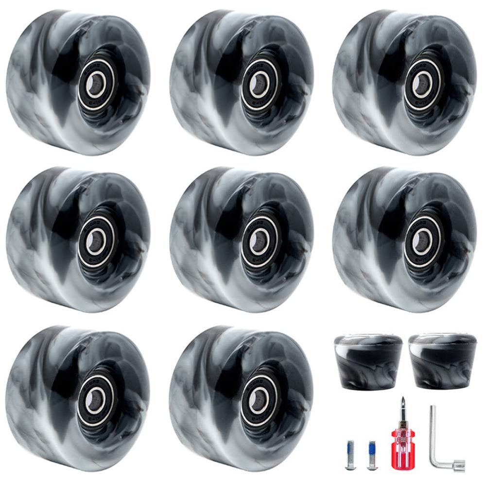 8 Pack 32 x 58mm, 82A Double Row Skate Wheels with Bearing Installed and 2 Toe Stoppers, for Outdoor or Indoor (Black)