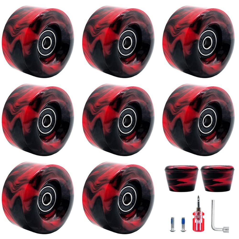 8 Pack 32 x 58mm, 82A Double Row Skate Wheels with Bearing Installed and 2 Toe Stoppers, for Outdoor or Indoor (Red)