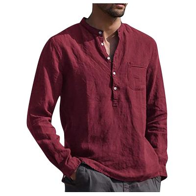 Ymosrh Long Sleeve Shirts, Plain White T Shirts Men Pack Men's Tall Shirts Medieval Costume Designer Spring Summer Casual Cotton Linen Solid Color Shirts Loose Stand Collar Shirts (S, Wine)