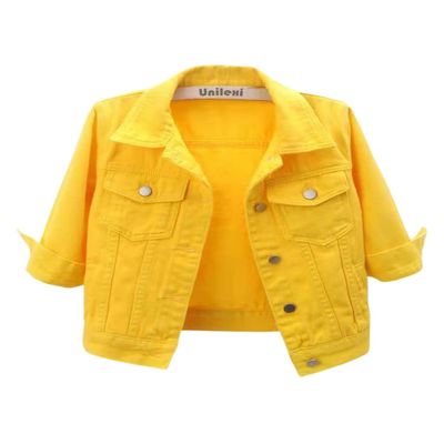 Unilexi Women's 3/4 Sleeve Colored Cropped Denim Jacket Light Wash Short Jean Jacket Trucker Coat(0096-Yellow-XL)