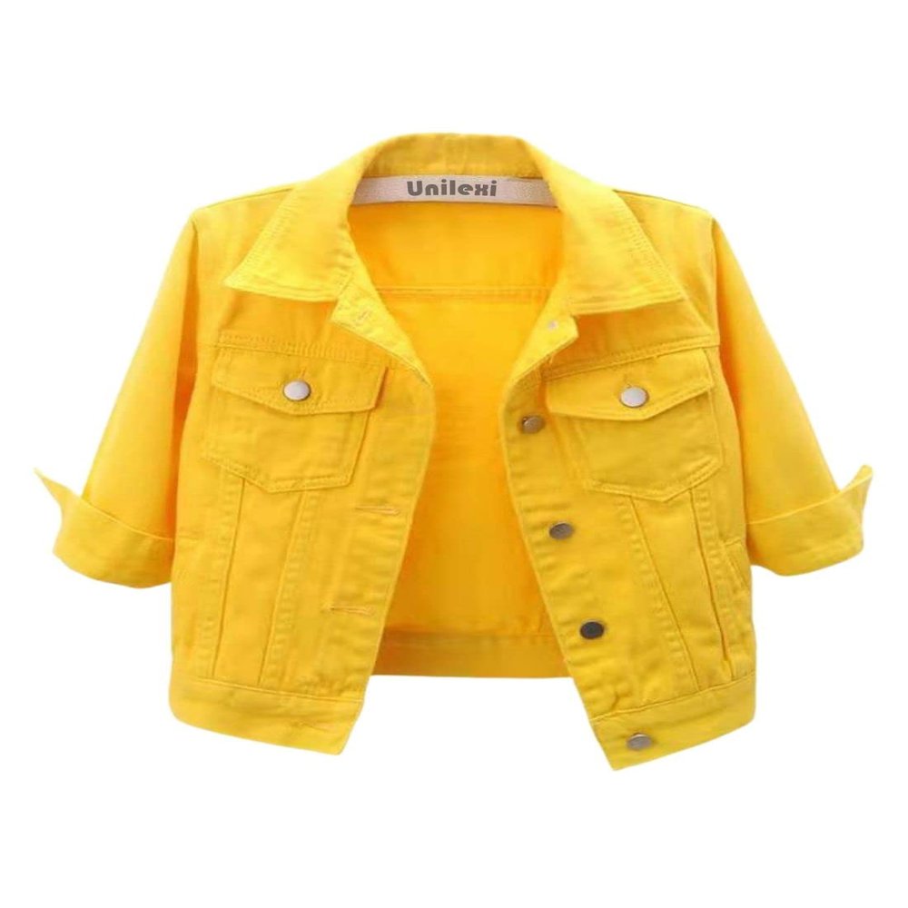 Unilexi Women's 3/4 Sleeve Colored Cropped Denim Jacket Light Wash Short Jean Jacket Trucker Coat(0096-Yellow-XL)