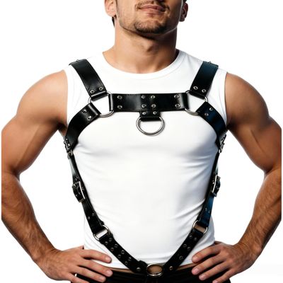 ALLOVME Men leather body belts Punk Adjustable Faux Leather Sexy Body Chest Belt Clubwear with Fancy Buckles Rings for Gay