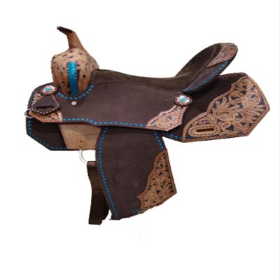 15" Western Horse Barrel Racing Saddle Beautiful Premium Leather with a Classic Hand Carved Fern Leaf Tooling with Silver Conchos (Roughout Brown)