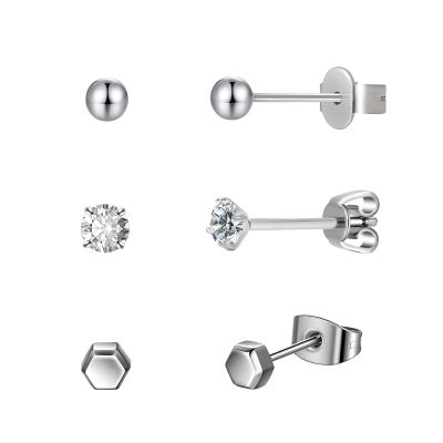 3 pairs Jewelry Set Pure Titanium Earrings For Sensitive Ears 4mm Ball CZ Hexagon Stud Earring for Women(4mm ball&CZ&Hexagon)