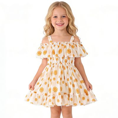 AGQT Toddler Girls Summer Off Shoulder Floral Dress Boho Princess Chiffon Ruffle Sundress for Beach Wedding Vacation Daisy on White 4-5T