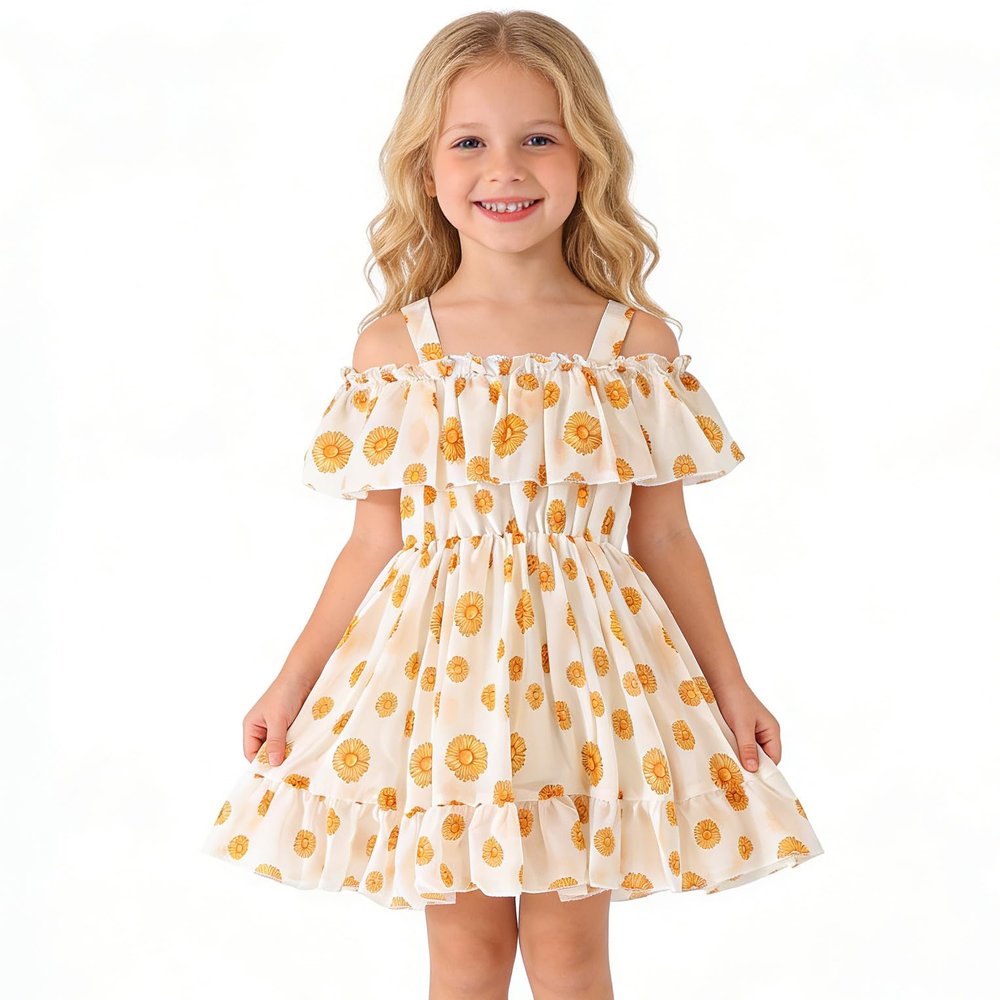 AGQT Toddler Girls Summer Off Shoulder Floral Dress Boho Princess Chiffon Ruffle Sundress for Beach Wedding Vacation Daisy on White 4-5T