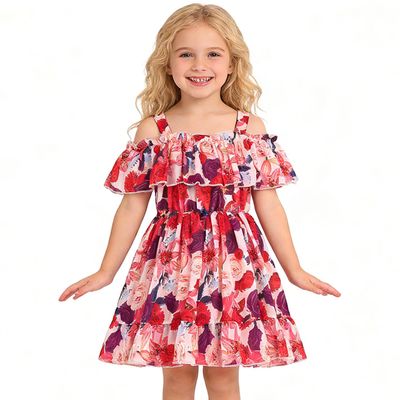 AGQT Toddler Girls Summer Off Shoulder Floral Dress Boho Princess Chiffon Ruffle Sundress for Beach Wedding Vacation Floral on Pink 5-6T