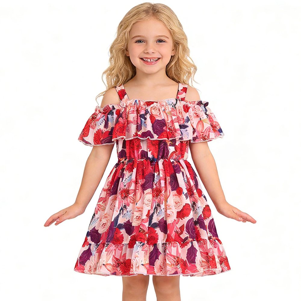 AGQT Toddler Girls Summer Off Shoulder Floral Dress Boho Princess Chiffon Ruffle Sundress for Beach Wedding Vacation Floral on Pink 5-6T