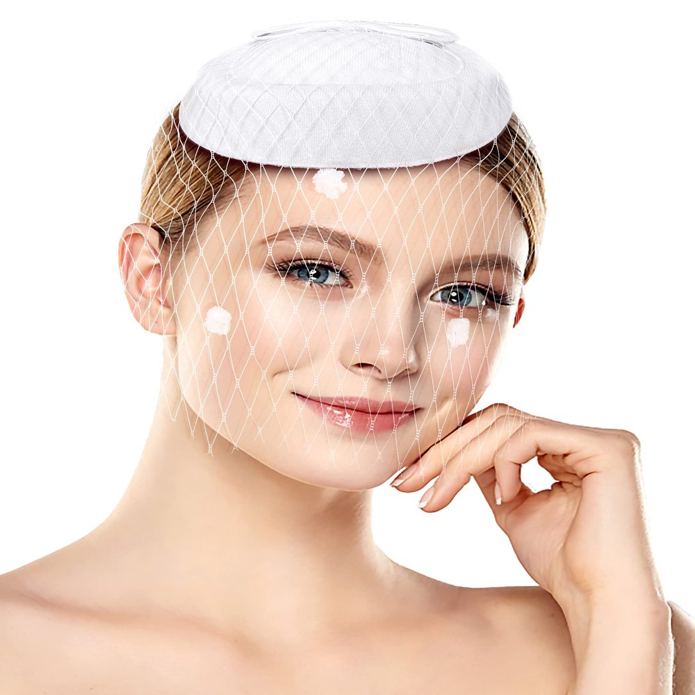 1920s Vintage Fascinators Hats Pillbox Hat with Veil Top Hat for Women Cocktail Tea Party Wedding Halloween Christmas White