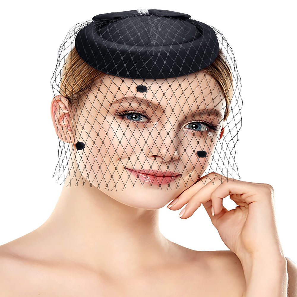 Bniksok 1920s Vintage Fascinators Hats Pillbox Hat with Veil Top Hat for Women Cocktail Tea Party Wedding Halloween Christmas