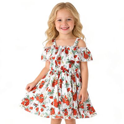 AGQT Toddler Girls Summer Off Shoulder Floral Dress Boho Princess Chiffon Ruffle Sundress for Beach Wedding Vacation Red Flower on White 2-3T