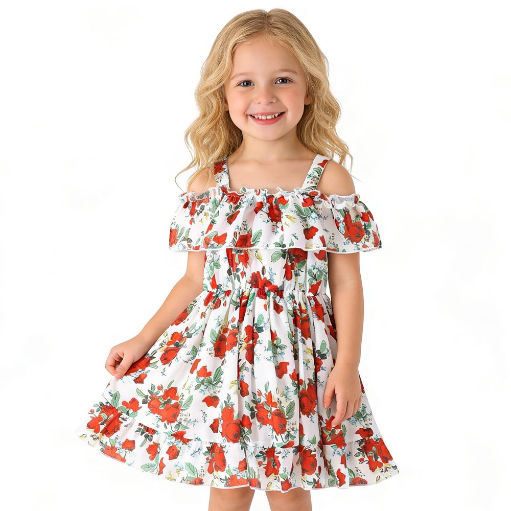AGQT Toddler Girls Summer Off Shoulder Floral Dress Boho Princess Chiffon Ruffle Sundress for Beach Wedding Vacation Red Flower on White 2-3T