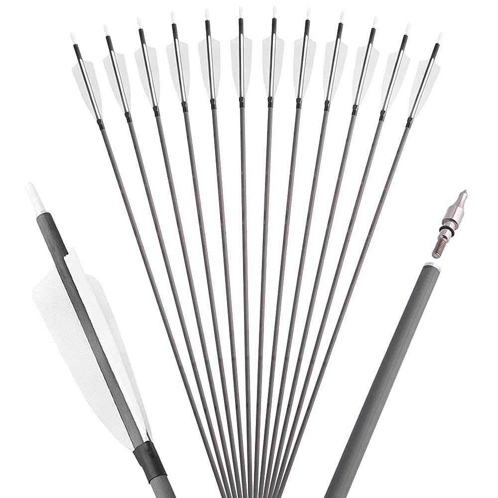 limaity 6/12Pcs Archery Carbon Arrows 35inch Hunting Arrows Spine 400 Target Practice Arrow for Recurve Bow Compound Bow Outdoor Shooting (White, 12)