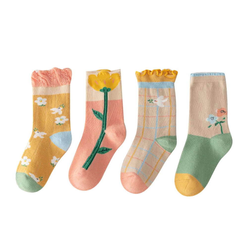 Baby Infants Toddlers Girls Mid Calf Length Socks 4 Pairs Kids Antislip Long Stockings Ruffled (Yellow, 5-8 Years)