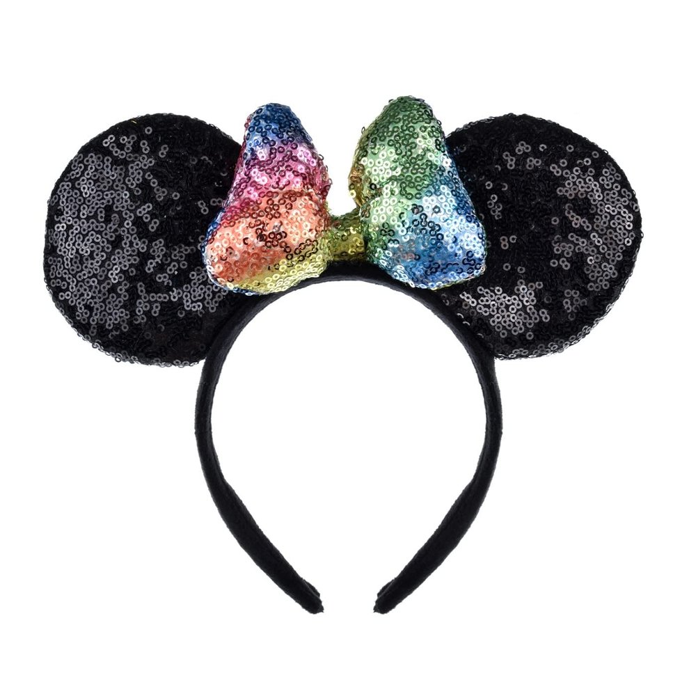 A Miaow 3D Black Mouse Sequin Ears Headband MM Glitter Butterfly Hair Clasp Park Supply Adults Women Photo Accessory (Black and Rainbow)