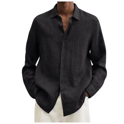Ymosrh Vacation Shirt, Dress Shirts for Men White Dress Shirts Mens Pack of T Shirts Designer Spring Summer Men's Casual Cotton Linen Solid Color Long Sleeve Shirts Loose Button Down (XXL, B-Black)