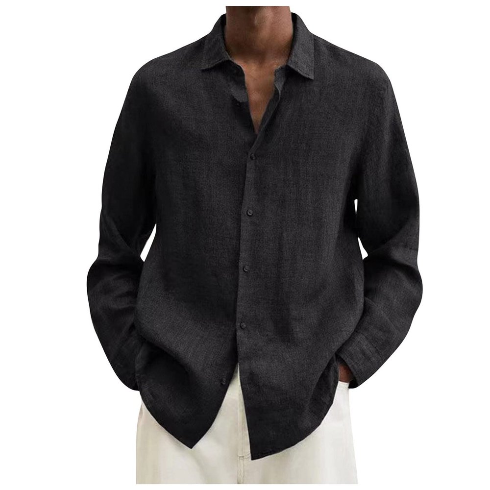 Ymosrh Vacation Shirt, Dress Shirts for Men White Dress Shirts Mens Pack of T Shirts Designer Spring Summer Men's Casual Cotton Linen Solid Color Long Sleeve Shirts Loose Button Down (XXL, B-Black)