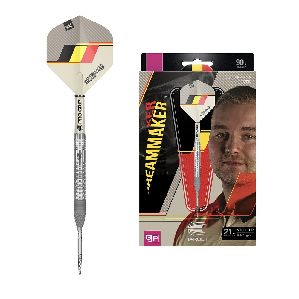 Target Darts Dimitri Van den Bergh Dream Maker G1 21G 90% Tungsten Swiss Point Steel Tip Darts Set, Sand, Black, Yellow and Red (DIMI90% Steel)