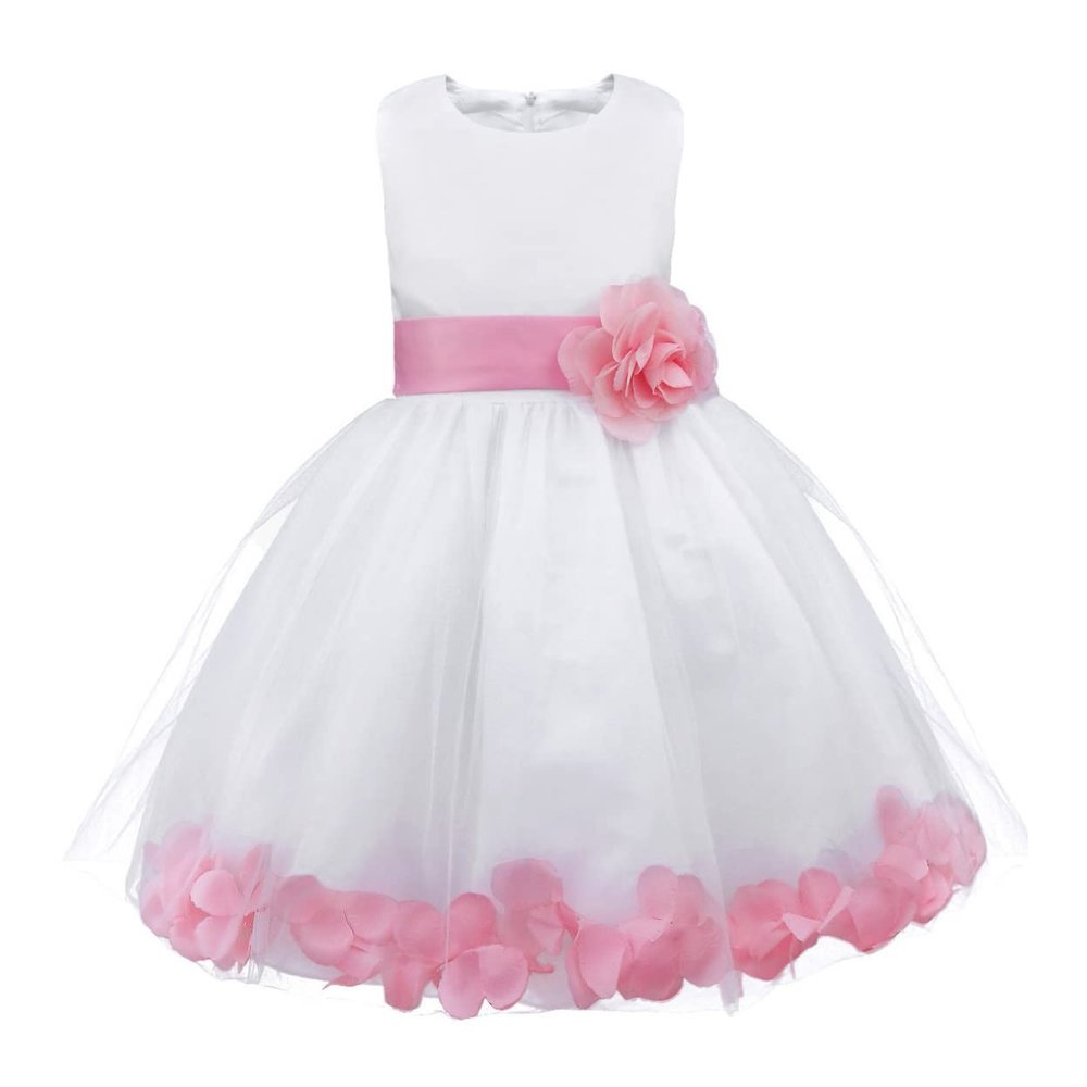 Linjinx Kids Girls Floral Petals Flower Girl Dress Satin Tulle Wedding Bridesmaid Pageant Party Dresses Ball Gown Pink A 4 Years