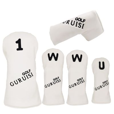 FUUBAMB00 5Pcs/Set Golf Iron Covers Golf Club Head Covers for Driver Cover Fairway Cover Hybrid Cover Putter Covers PU Leather Golf Accessories,White