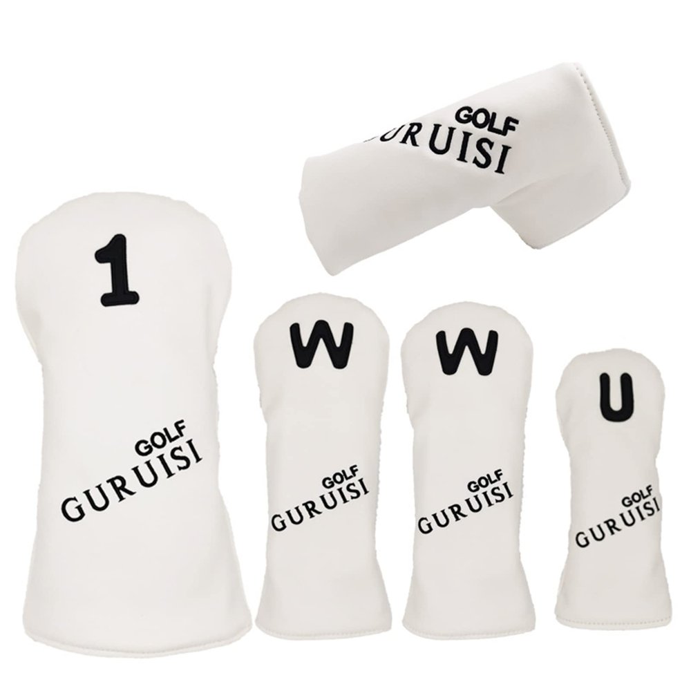 FUUBAMB00 5Pcs/Set Golf Iron Covers Golf Club Head Covers for Driver Cover Fairway Cover Hybrid Cover Putter Covers PU Leather Golf Accessories,White