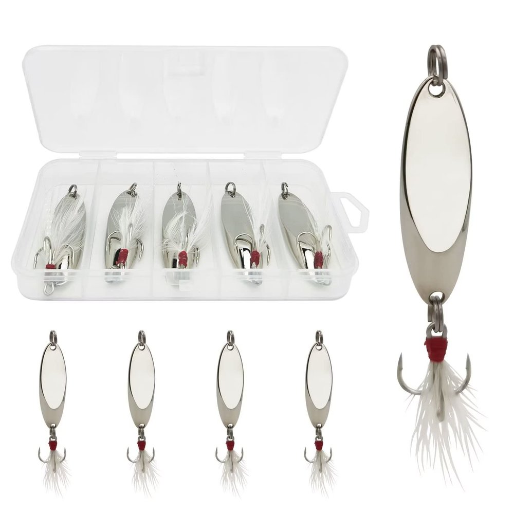 CWSDXM Fishing Spoons Fishing Lures Casting Spoon Metal Jig Lure Trout Lures for Freshwater/Saltwater, Reflective Spoons Bait with Treble Hooks Fishing Tackle 5 Pcs